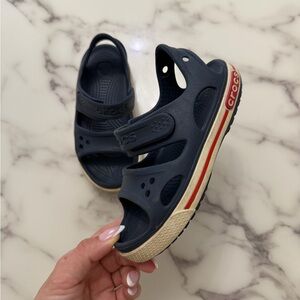 CROCS Navy Kids' Sporty Sandal Clogs with Red Stripe